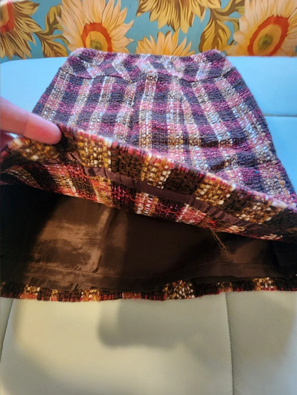 LOFT Plaid Tweed Skirt in Pink, Brown & Cream
